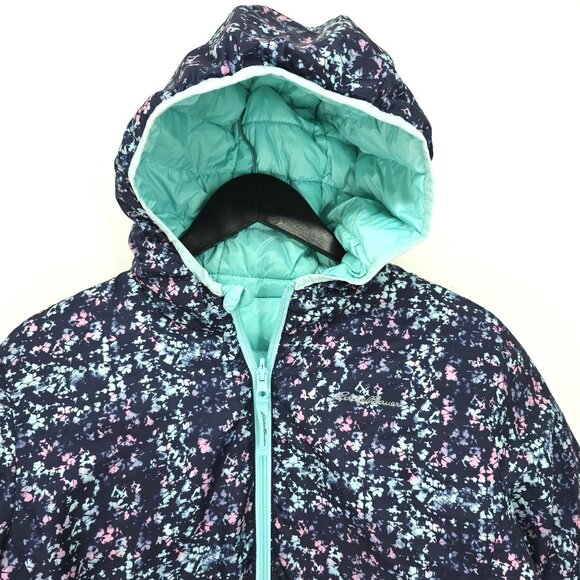 Eddie Bauer REVERSIBLE Soft Aqua Navy Down Winter Puffer Jacket Girls Size 14/16 - Picture 2 of 11